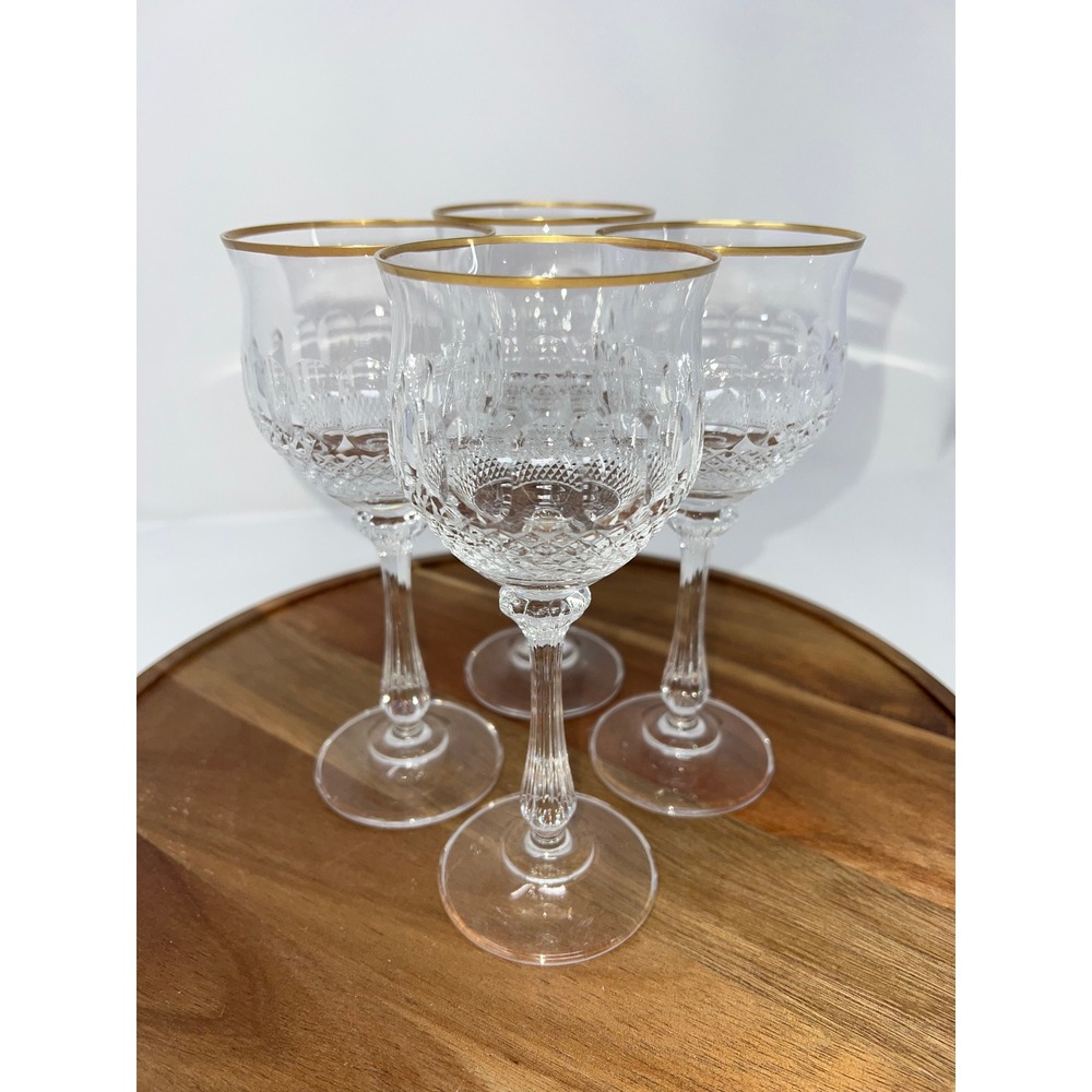 Set of 4 Crystal Wine Goblets Gold Rim Diamond Cut Glass Stemware Clear